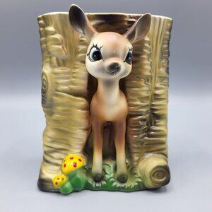 Vintage MCM Bambi Deer Vase Kitchy Planter Deer & Mushrooms Ceramic Table Decor